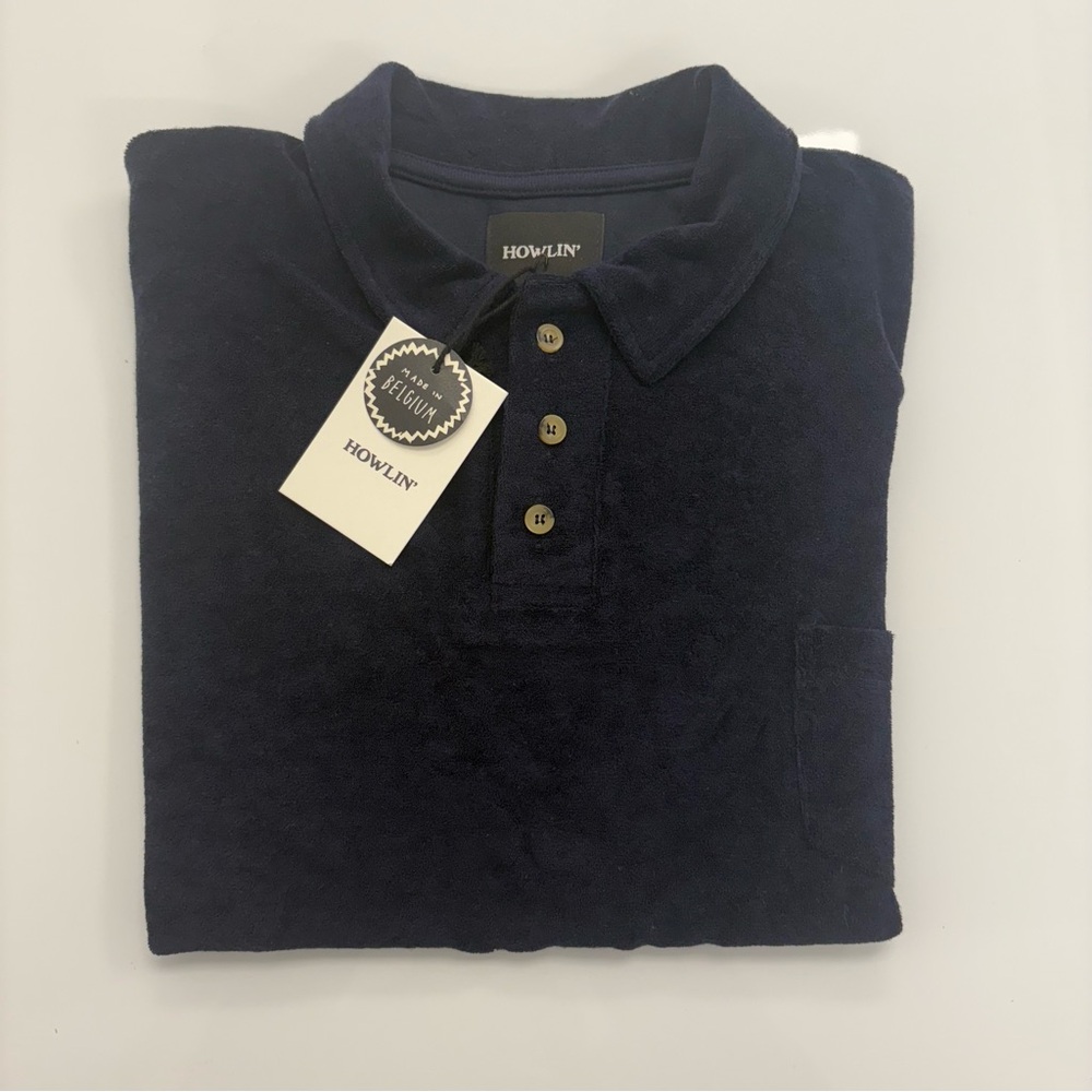 Howlin’ Navy Terry Cloth Polo Shirt Men Large Made in Belgium Short Sleeve NWT
